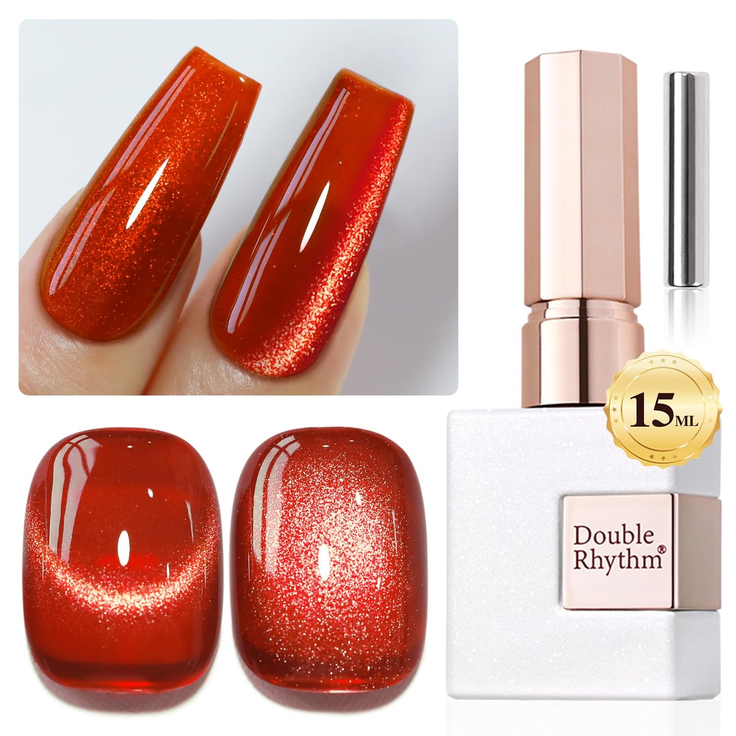 Double Rhythm 0.5 OZ Cat Eye Gel Polish with Magnet 15ML Holographic Glitter Shimmer Translucent Jelly Color Magnetic Nail Polish Salon DIY at Home (Red-MC1055)