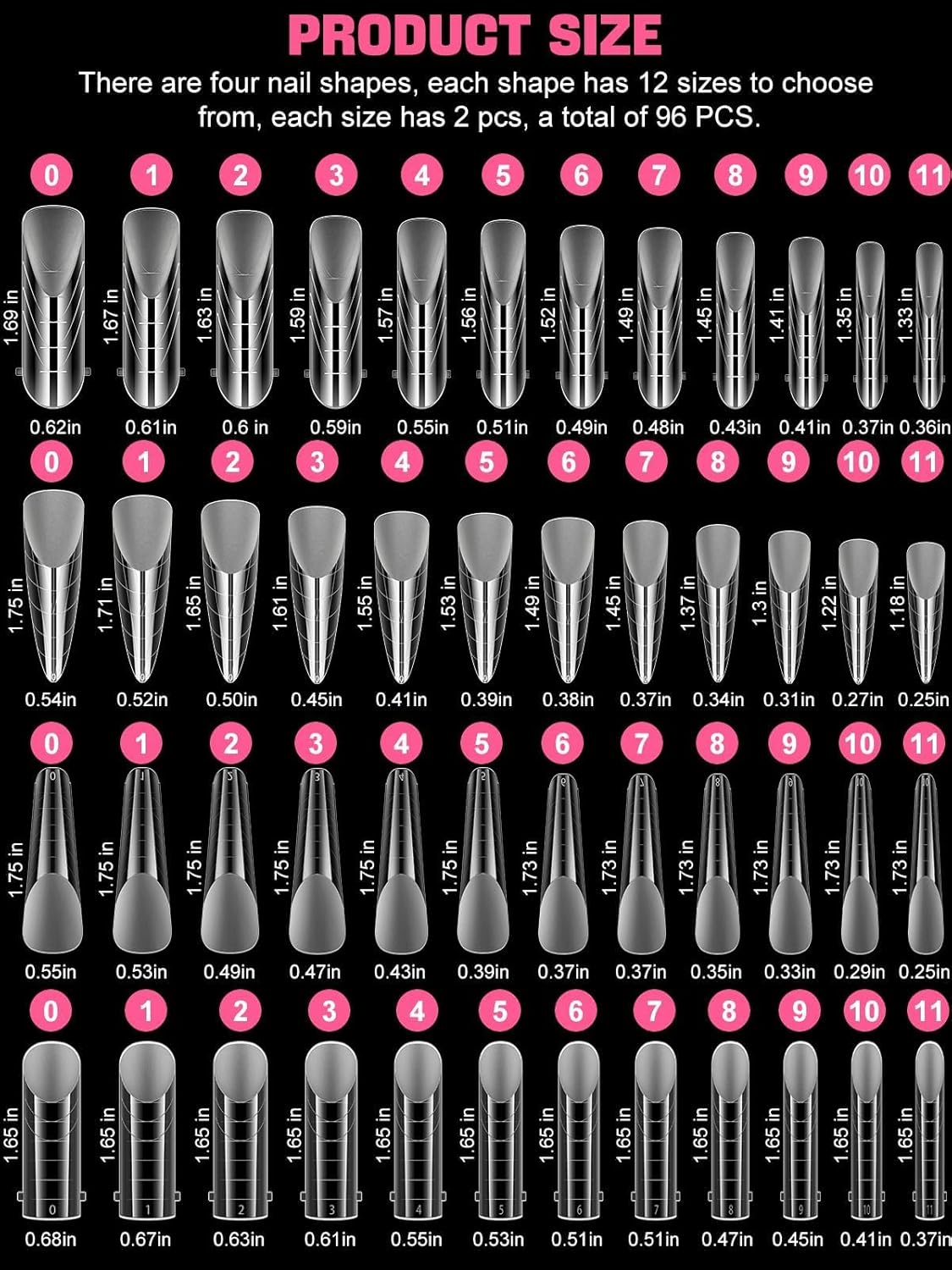 EBANKU Dual Nail Forms for Poly Extension Gel, 96 PCS Clear Nail Molds Reusable Nail Extension Forms for Builder Gel Manicure Design Salon DIY-12 Sizes