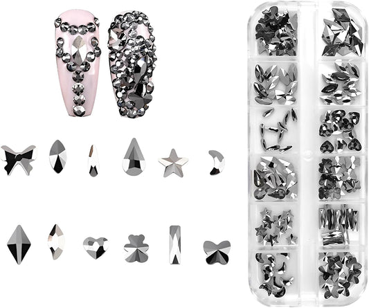 120pcs Flatback Rhinestones Glass Charms Diamantes Gems Stones for Nail Art Box Multi Shapes Jet Hematite