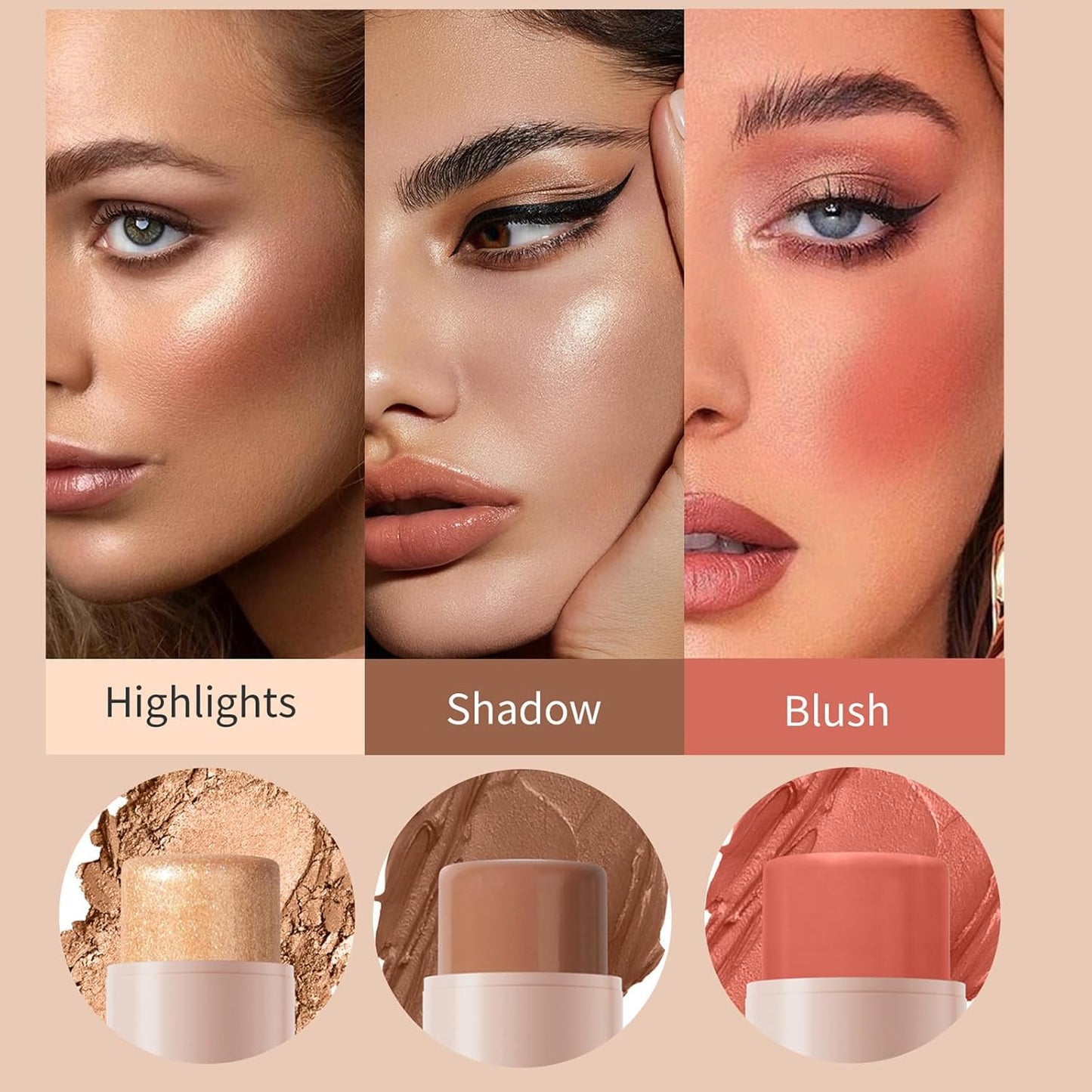 3Pcs Cream Contour Stick, with Highlighter Stick Milk Bronzer Stick Blush Stick, Face Contour Stick Highlighter Makeup with Makeup Brush and Sponge, Easy to Sculpt the Face, Long Lasting
