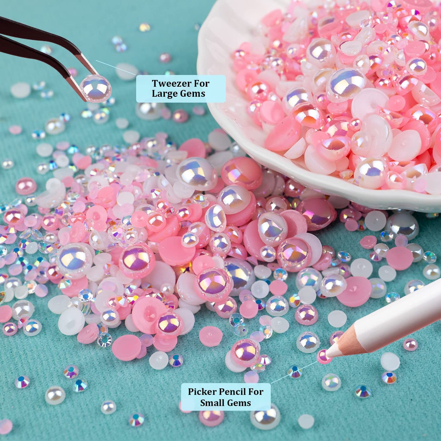 50g Flatback Pearls and Rhinestones Set 1-Pink&White, Mixed Size 3-10mm Resin Rhinestones and Half Pearls for Nail Art and Crafts and Decoration with Tweezer and Pickup Pencil