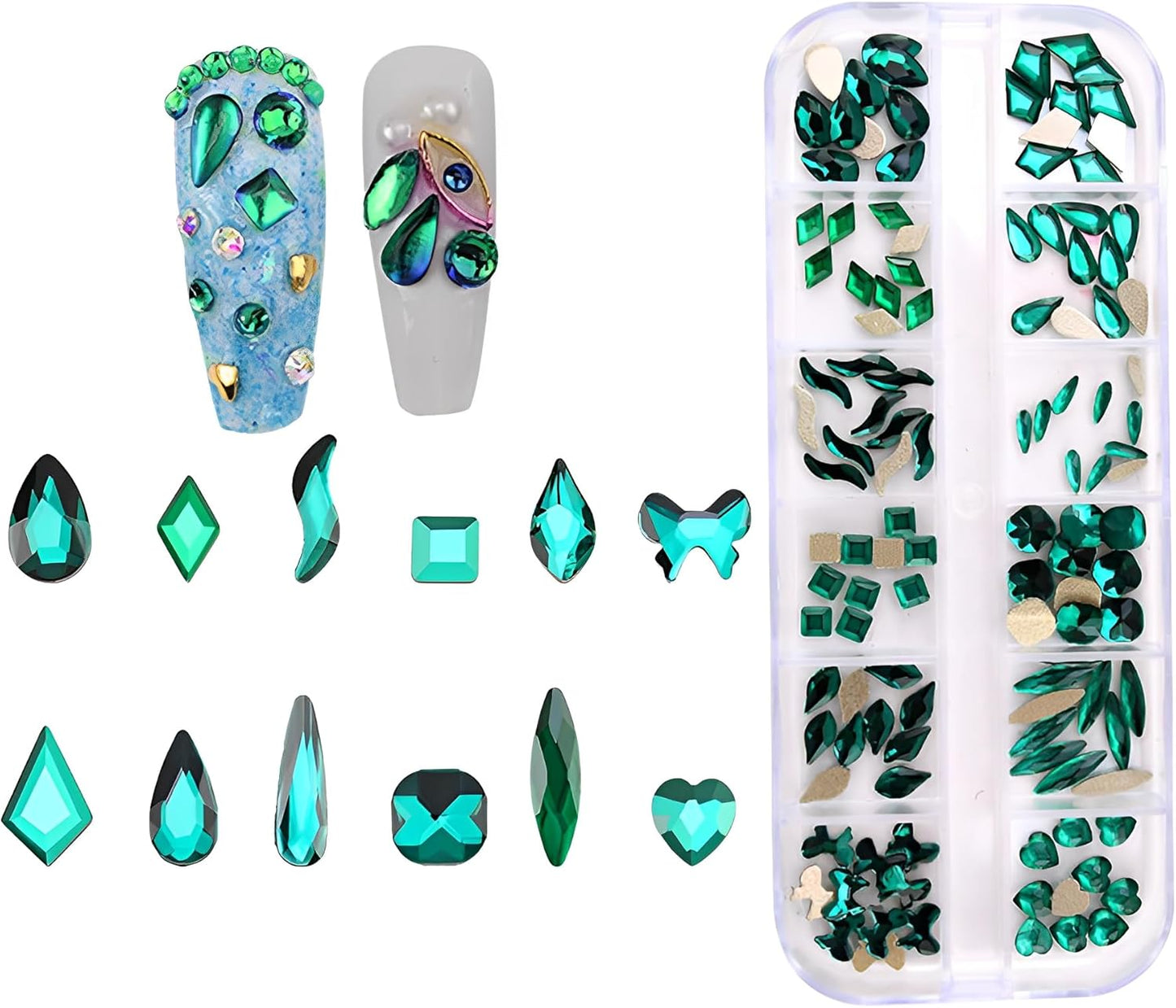 120pcs Flatback Rhinestones Glass Charms Diamantes Gems Stones for Nail Art Box Multi Shapes Dark Green