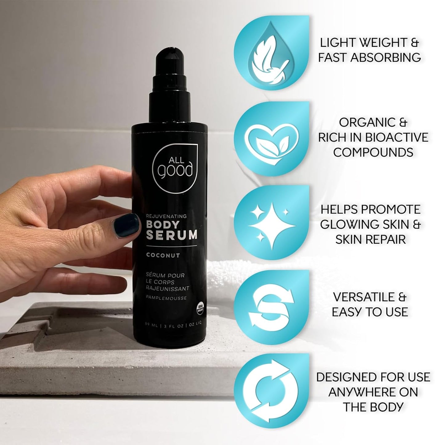 All Good Rejuvenating Body Serum for Men & Women - Calendula, Moringa, Sea Buckthorn & Essential Oils - Lightweight, Moisturizer & Replenishing Serum - Made in USA - 3oz (Coconut)