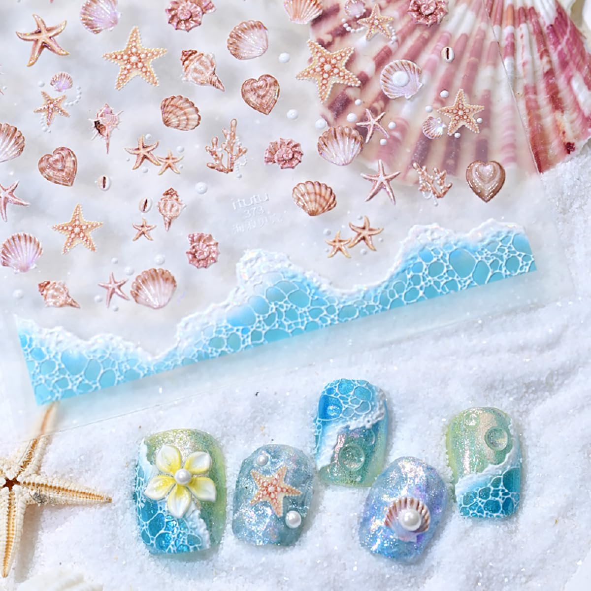 3 Sheets 5D Embossed Summer Nail Stickers for Nail Art Beach Nail Art Stickers Self-Adhesive Colorful Starfish Jellyfish Shell Sea Turtle Coconut Tree Designs Ocean Nail Decals for Women Acrylic Nails