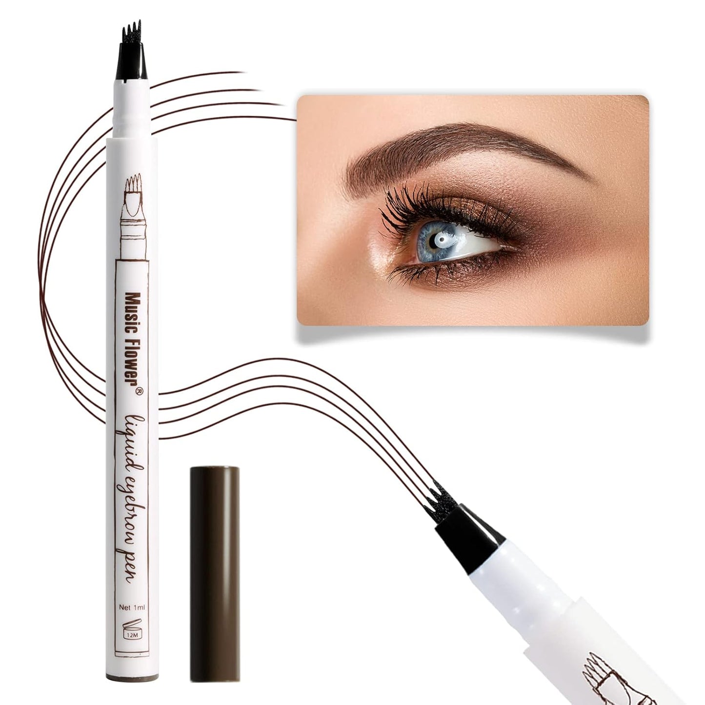 Music Flower Eyebrow Pencil, Liquid Eyebrow pen, Waterproof Brow Pen with Micro-Fork Tip, Fine Sketch Long Lasting Smudgeproof Microblading Pen - Chestnut