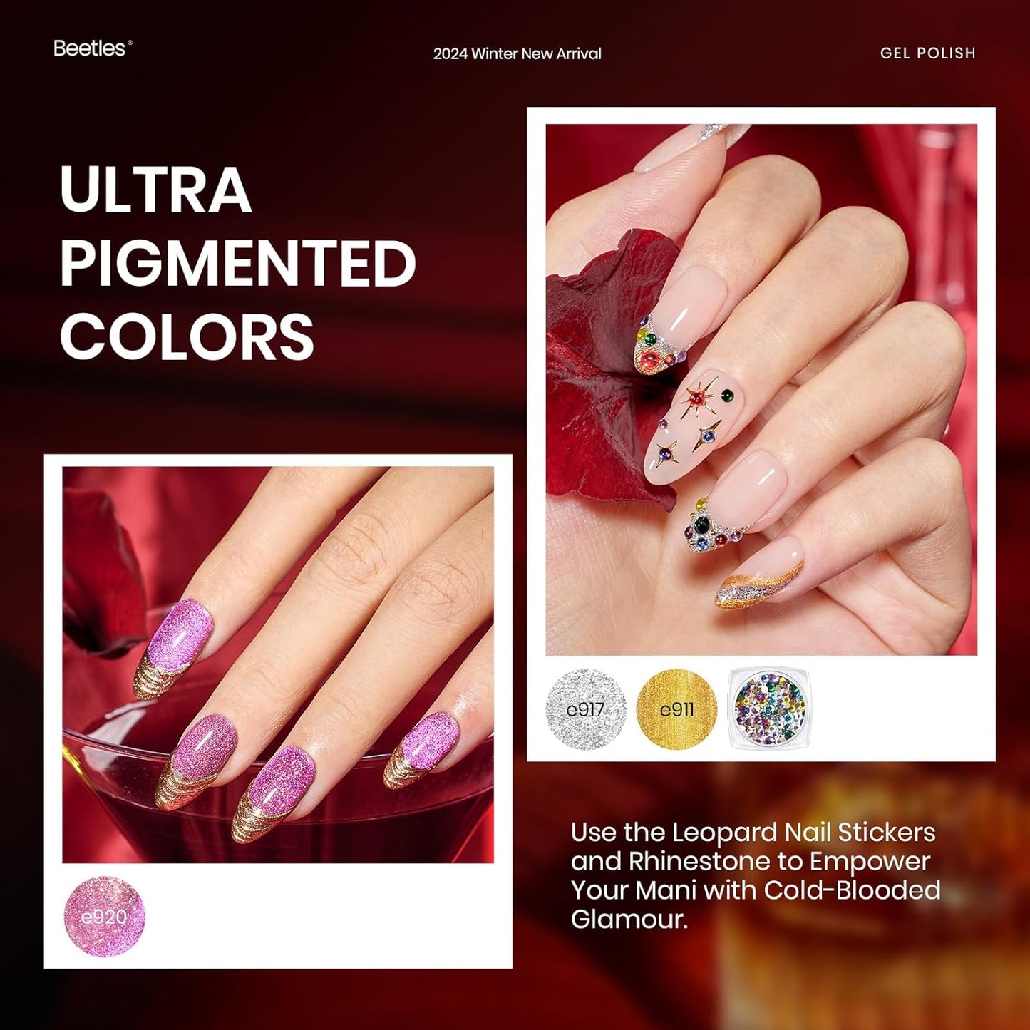 Beetles Fall Gel Polish Kit, Cat Eye Glitter 20 Colors Fall Brown Burgundy Gel Polish With Sticker Rhinestone Base Coat Glossy & Matte Top Coat Mob Wife Collection Winter Gifts for Women