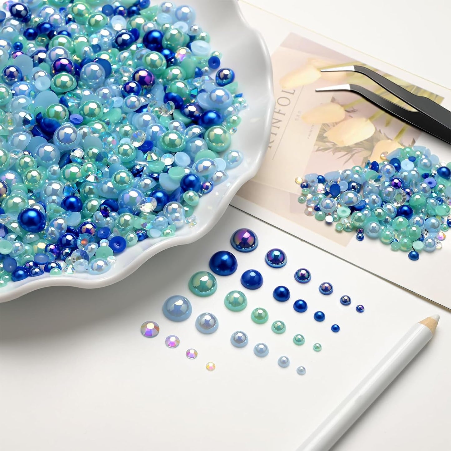 80g Mix Flatback Pearls and Rhinestones for Crafts Blue Mixed Size 2mm-10mm Half Round Pearls Rhinestones for Nail Art Tumblers Shoes DIY Bedazzling with Tweezers Wax Pen