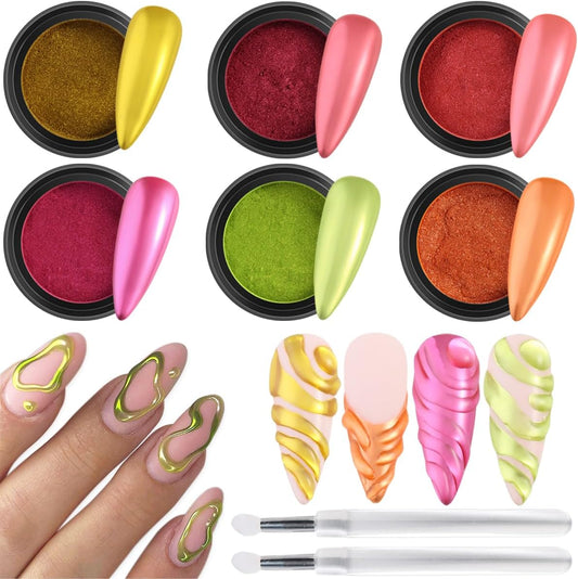 Chrome Nail Powder Set - Red, Green, Gold, Mirror Effect Glitter Powder - 6 Colors, Metallic Chrome Powder With 2PCS Silicone Applicator Brushes - Christmas Nail Design