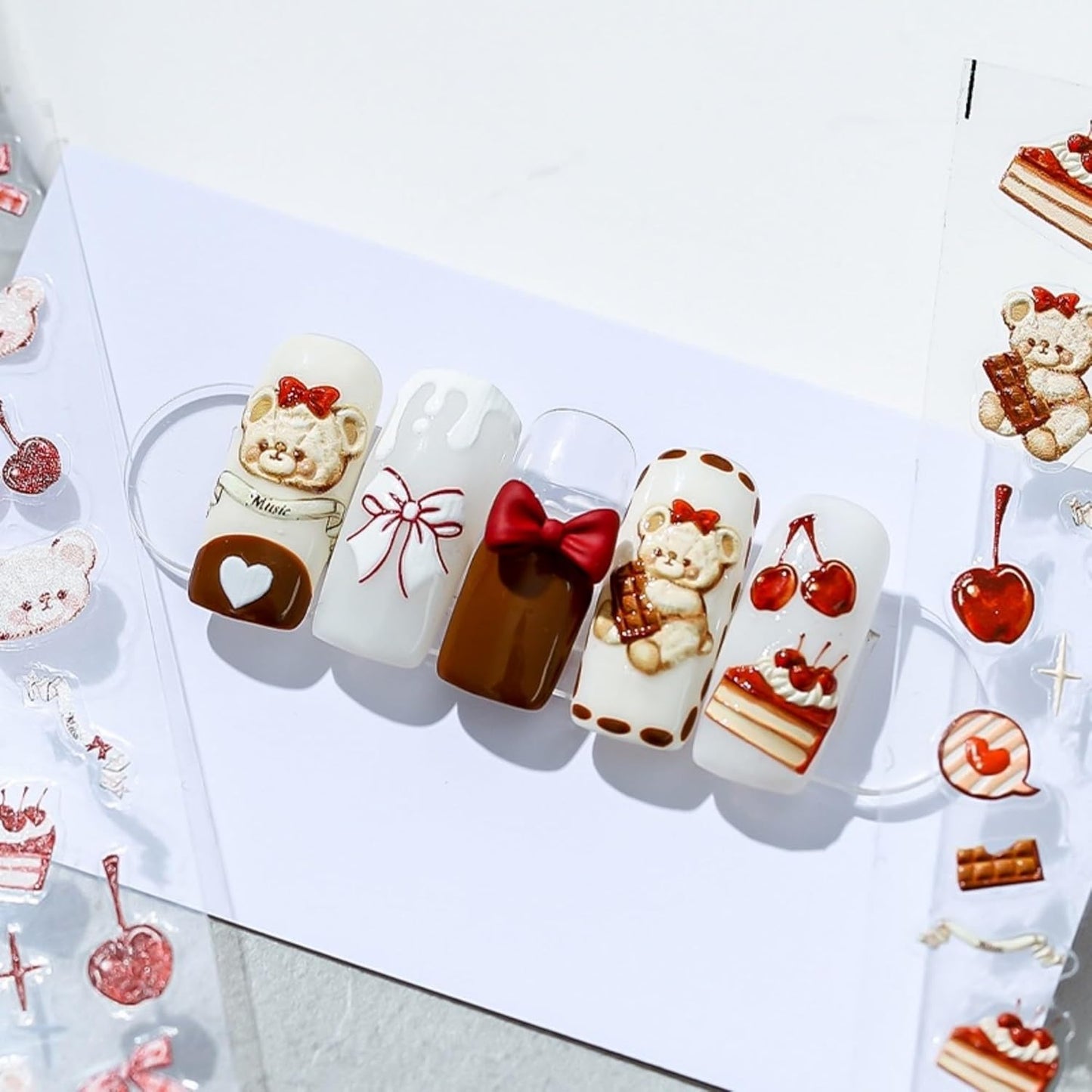 Dedyel Cute Nail Stickers 5D Embossed Cartoon Bear Kawaii Animal Self-Adhesive Nail Decals for Women Girls Kids Nail Art Decoration