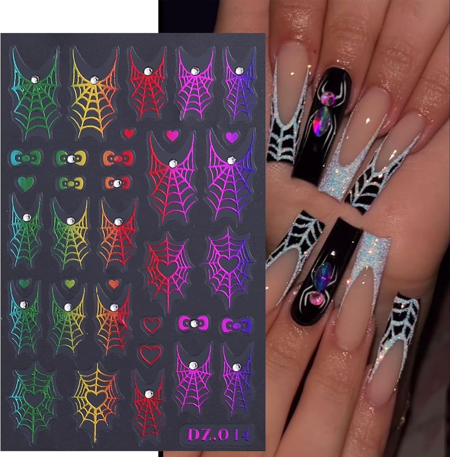 4 Sheets Halloween Spider Web Nail Art Stickers 5D Embossed Halloween Nail Decals with Rhinestone Colorful Spider Web Spider Bow Love Heart Nail Design Adhesive Stickers for Women Decorations Supplies