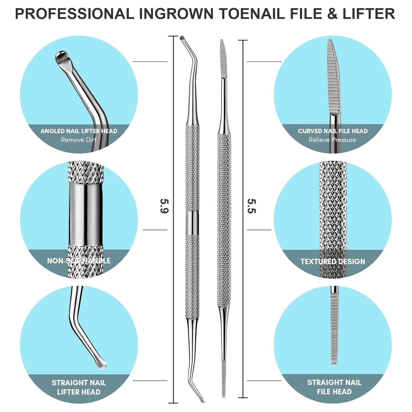 FAMILIFE Ingrown Toenail File and Lifter, 2pcs Ingrown Toenail Tool Double Sided with Storage Case Professional Corrector 100% Stainless Steel Removal Pedicure Kit