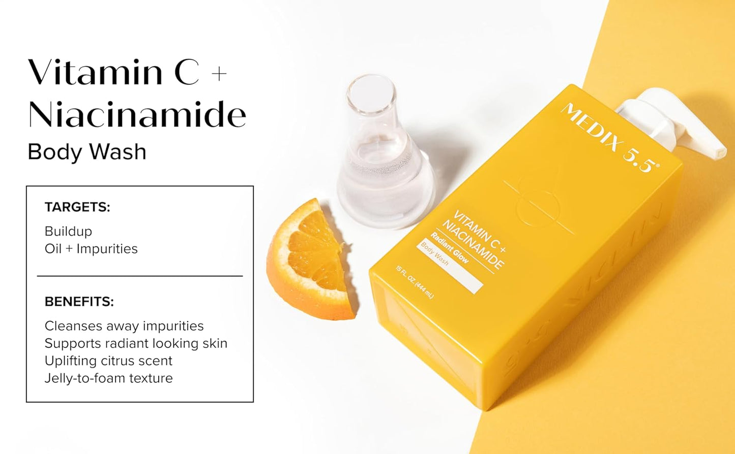 Medix 5.5 Radiant Glow Vitamin C Body Wash W/Niacinamide | Citrus Scented Gentle Body & Face Cleanser For Women, Men, Dry Skin, & Smoother-Looking Skin | Removes Dirt, Oil, & Impurities, 15 Fl Oz