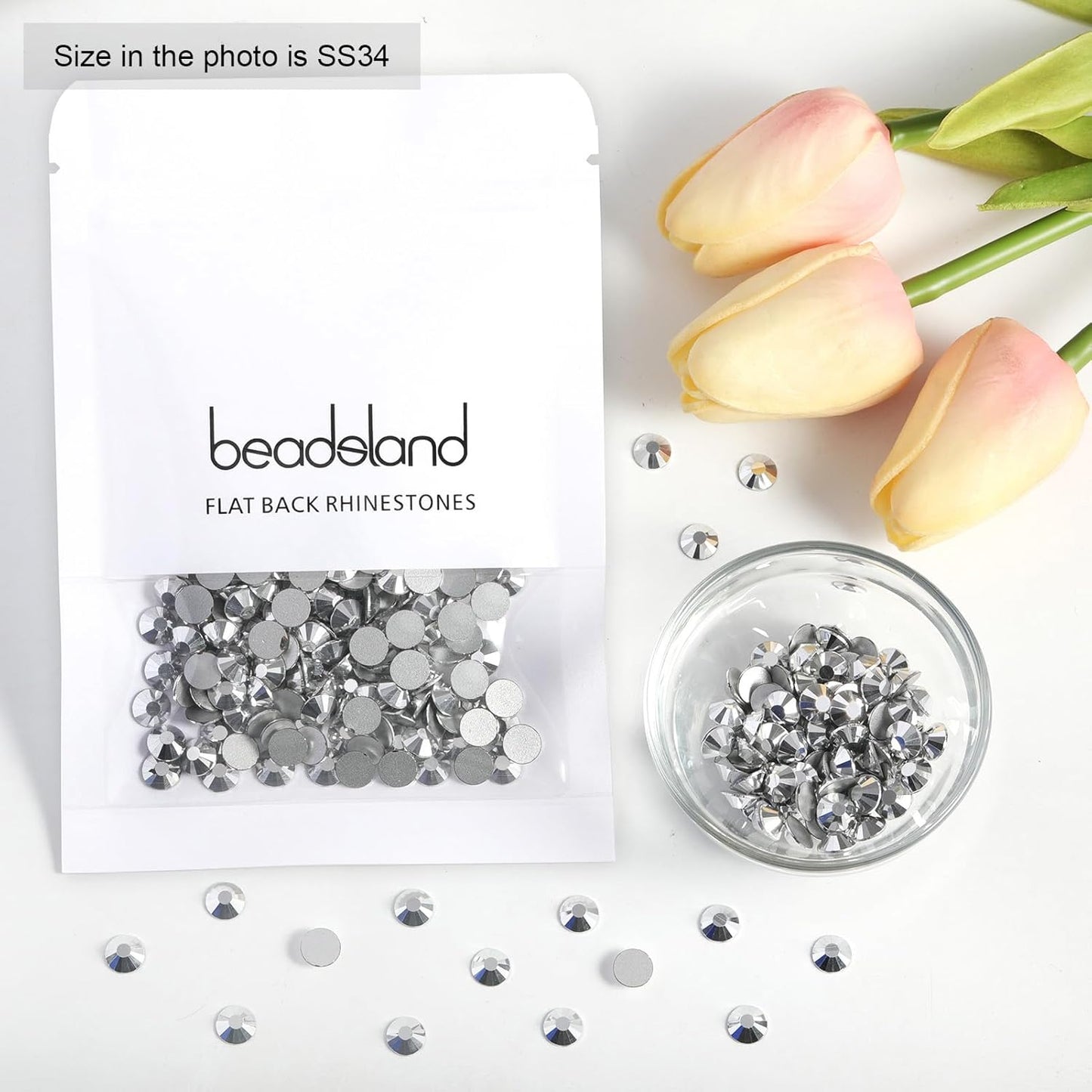 Beadsland 288pcs Flat Back Crystal Rhinestones Round Gems for Nail Art and Craft Glue Fix, Silver Hematite, SS34,7.1-7.3mm