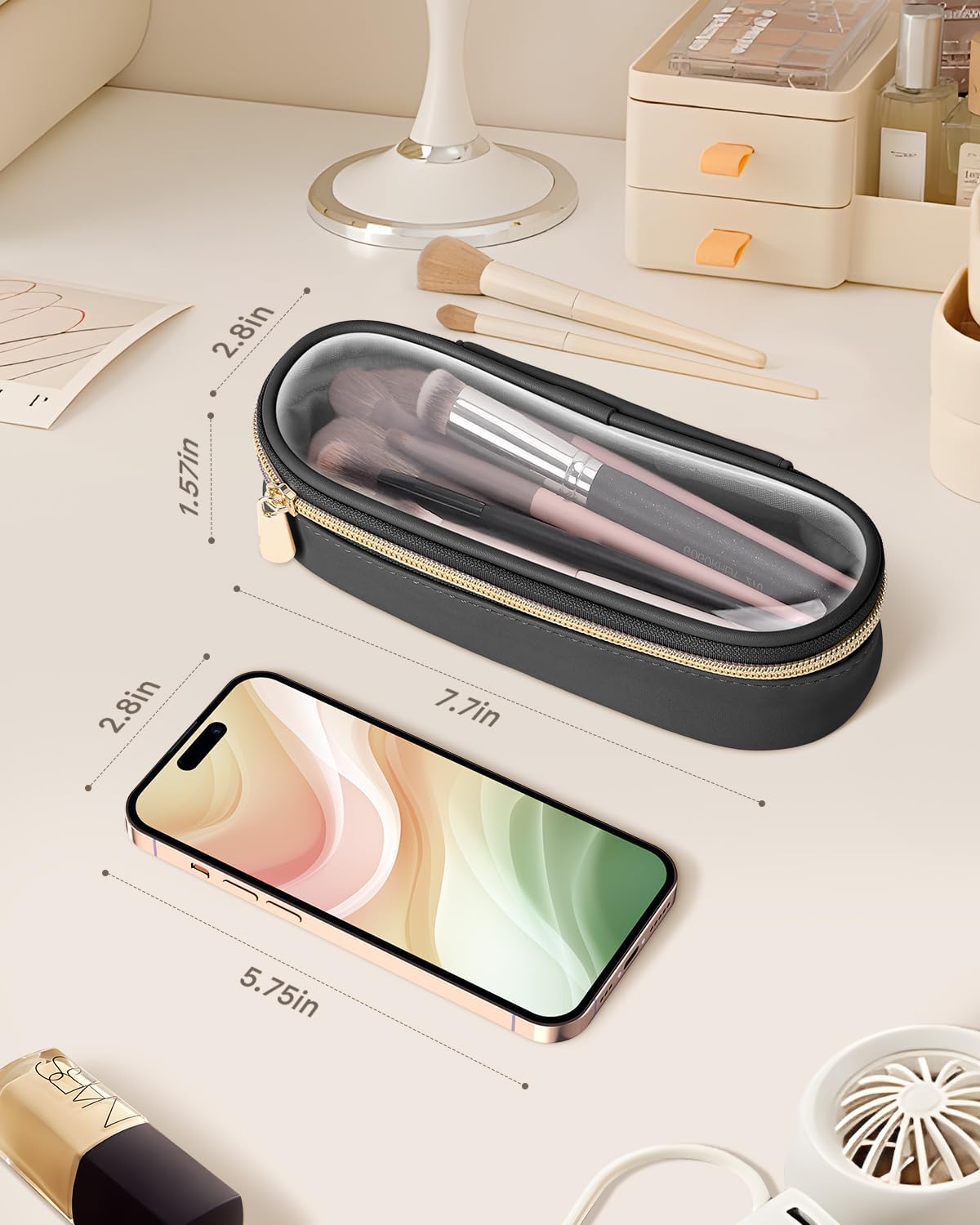 Clear Travel Makeup Brush Holder, Leather Makeup Brush Toiletry Bag, Portable Cosmetic Brush Case, Transparent Waterproof Makeup Brush Storage Bag, Black