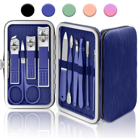BLESWIN Manicure Set, 10 in 1 Professional Manicure and Pedicure Kit, Nail Care Kit for Women, Mens Nail Grooming Kit, Portable Nail Clipper Set Blue Leather Case for Travel Home