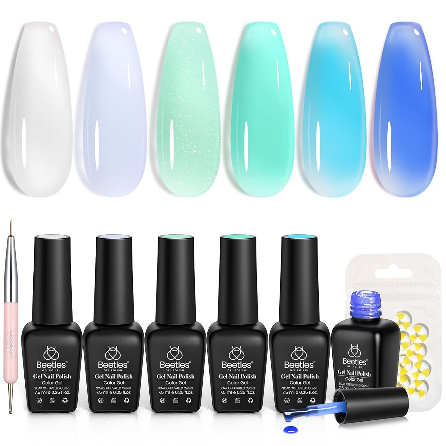 Beetles Jelly Gel Nail Polish Set, 6 Summer Colors Milky White Blue Green Turquoise Shimmer Translucent Sheer Color Gel Polish Kit Soak off Uv Nail Concealer Bubble Splash Series Gift for Women
