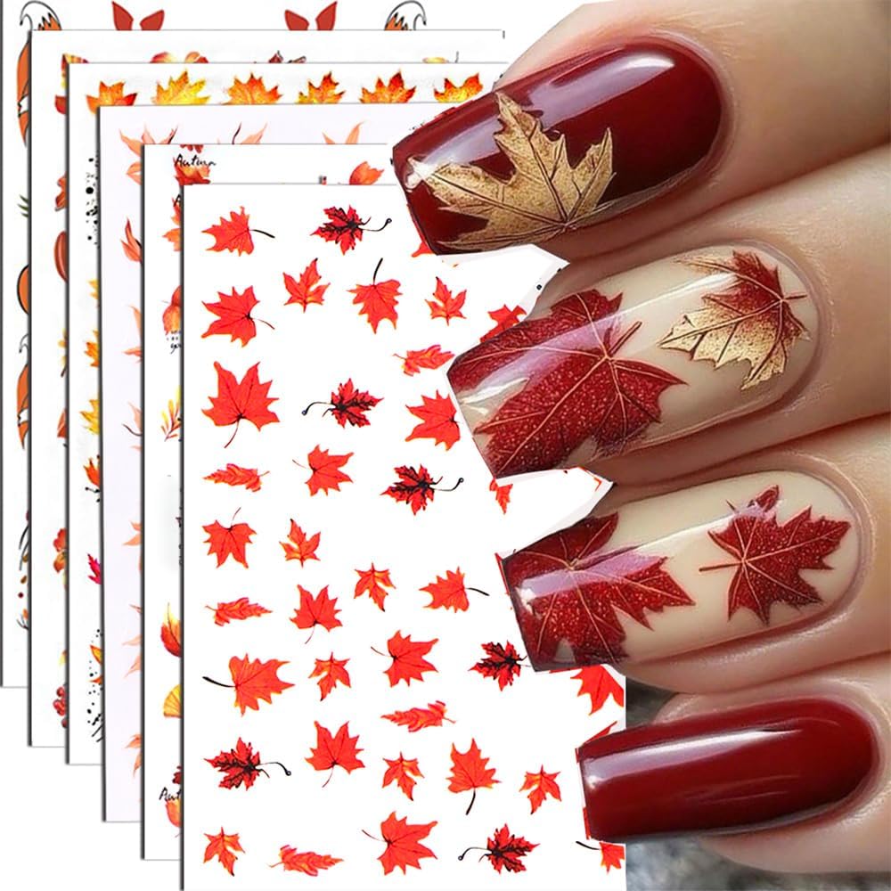 6Pcs Fall Nail Stickers Maple Leaves Nail Decals DIY Self Adhesive Thanksgiving Nail Design Autumn Nail Decoration Supplies Manicure Accessories for Women Girls