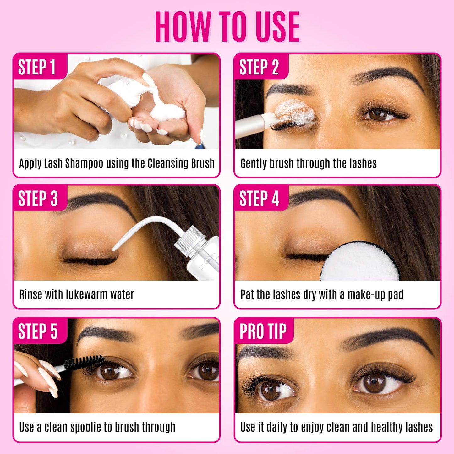 STACY LASH Lash Shampoo Kit Foaming Cleanser with Eye Lash Spoolies & Rinse Bottle & Cleansing Pad & Brush for Eyelash Extensions & Clusters & Natural Eyelashes