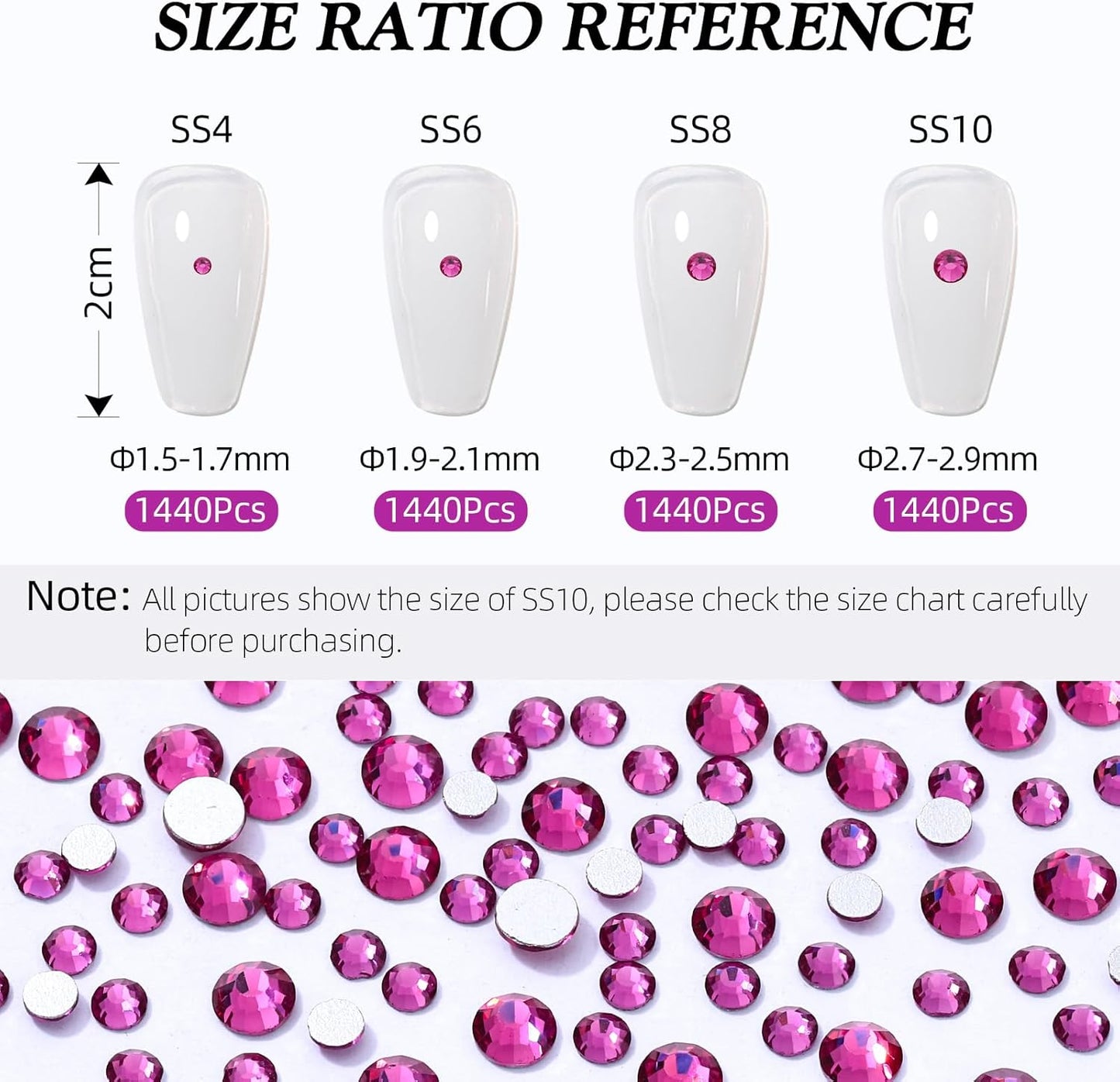 Fuchsia Flatback Rhinestones, Glass Rhinestones for Nail Art and Craft, Glue Fix, Loose Crystal Gemstones(Fuchsia, SS8, 1440pcs, 2.3-2.5mm)