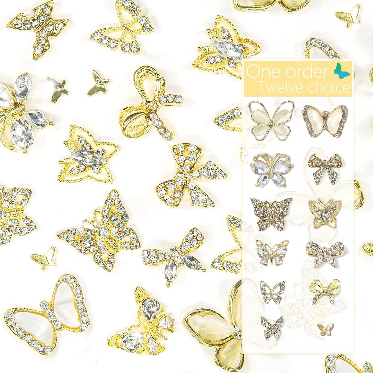 32 Pcs Butterfly Charms Gold Butterflies for Nails - Bow Crystals Diamonds Rhinestones 3D Alloy Luxury Gems - Cute Art Supplies for Acrylic Decoration Crafts DIY
