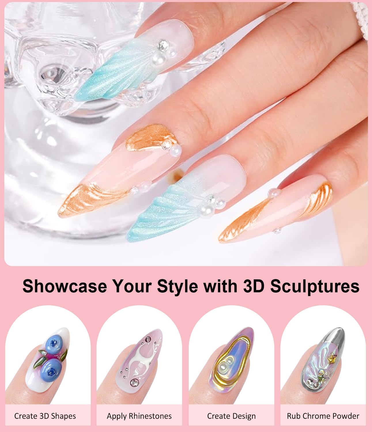 3D Gel Nail Art Design BISHENGYF - 15g Clear No Wipe Nail Polish Rhinestone Nail Art Glue with White Silver Chrome Powder Metallic Mermaid Effect Nail Powder for Nail DIY