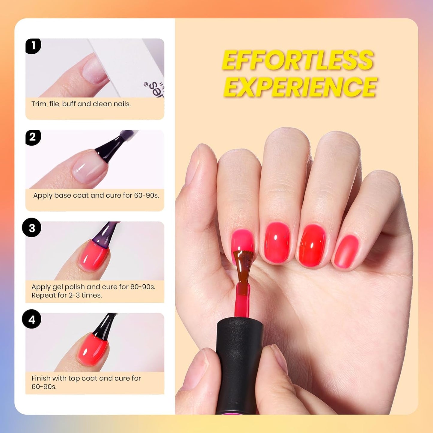 Beetles Jelly Gel Nail Polish Set - 6 Colors Neon Gel Polish Kit Sheer Hot Pink Red Orange Purple Blue Yellow Translucent Effect Soak Off UV French Nail Art Manicure Gift for Women