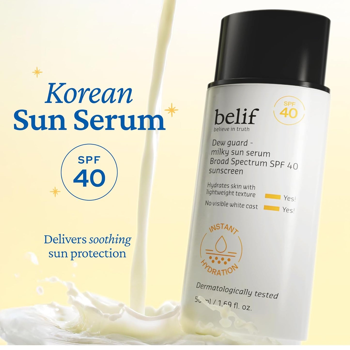 belif Milky Niacinamide Sunscreen SPF 40 – Lightweight & Invisible Sun Serum for Face with 7 Types of Hyaluronic Acid | No White Cast, Non-Comedogenic, Hydrating, Makeup-Gripping Primer (1.69 fl.oz)