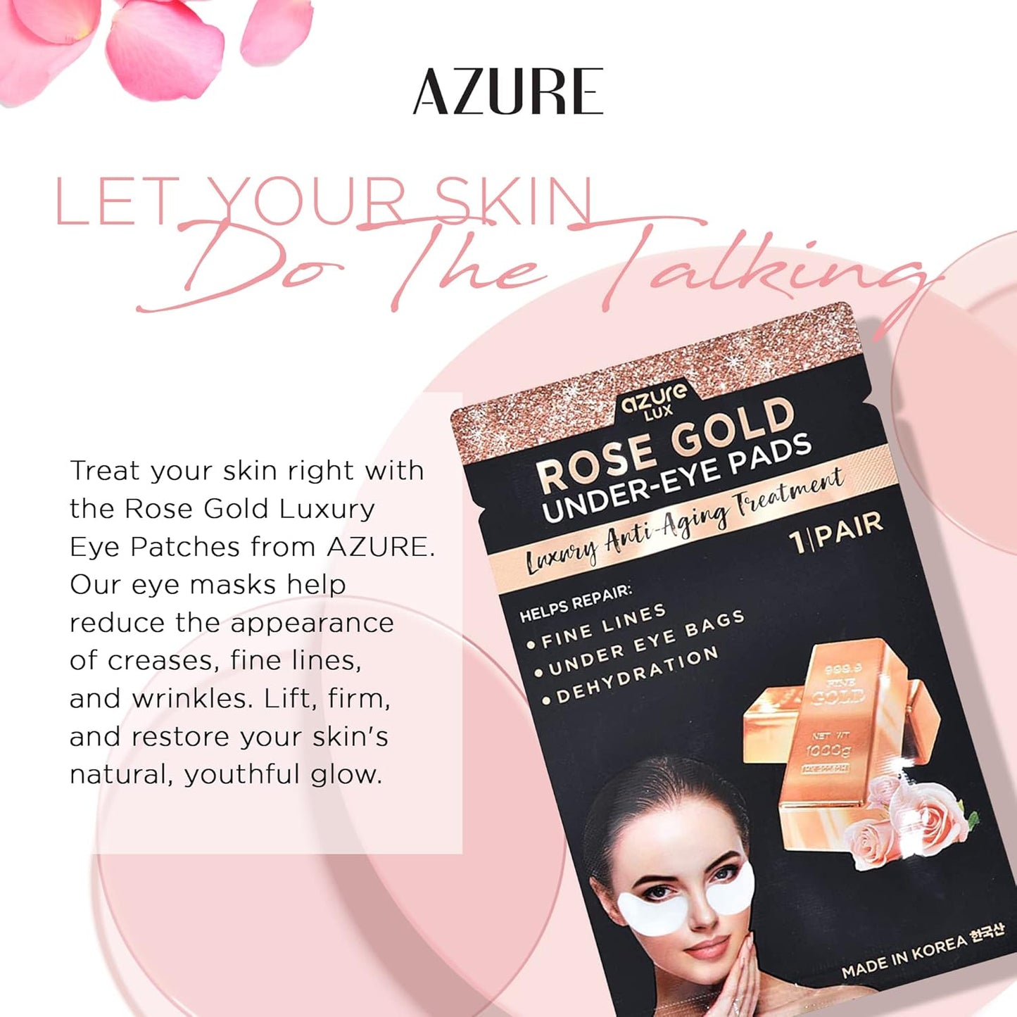 AZURE Rose Gold Luxury Anti Aging Under Eye Pads - Lifting, Smoothing & Hydrating Eye Mask Patches - Reduces Fine Lines, Wrinkles, Dark Circles & Puffiness - Skin Care Made in Korea - 5 Pairs