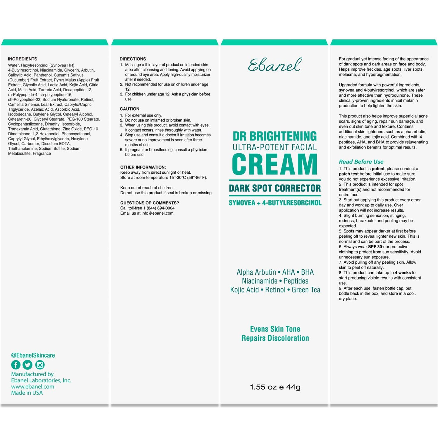 Ebanel Dark Spot Remover for Face & Body, Skin Brightening Cream with Synovea, Alpha Arbutin, Niacinamide, Kojic Acid, Dark Spot Corrector for Hyperpigmentation, Discoloration, Melasma, and Age Spots