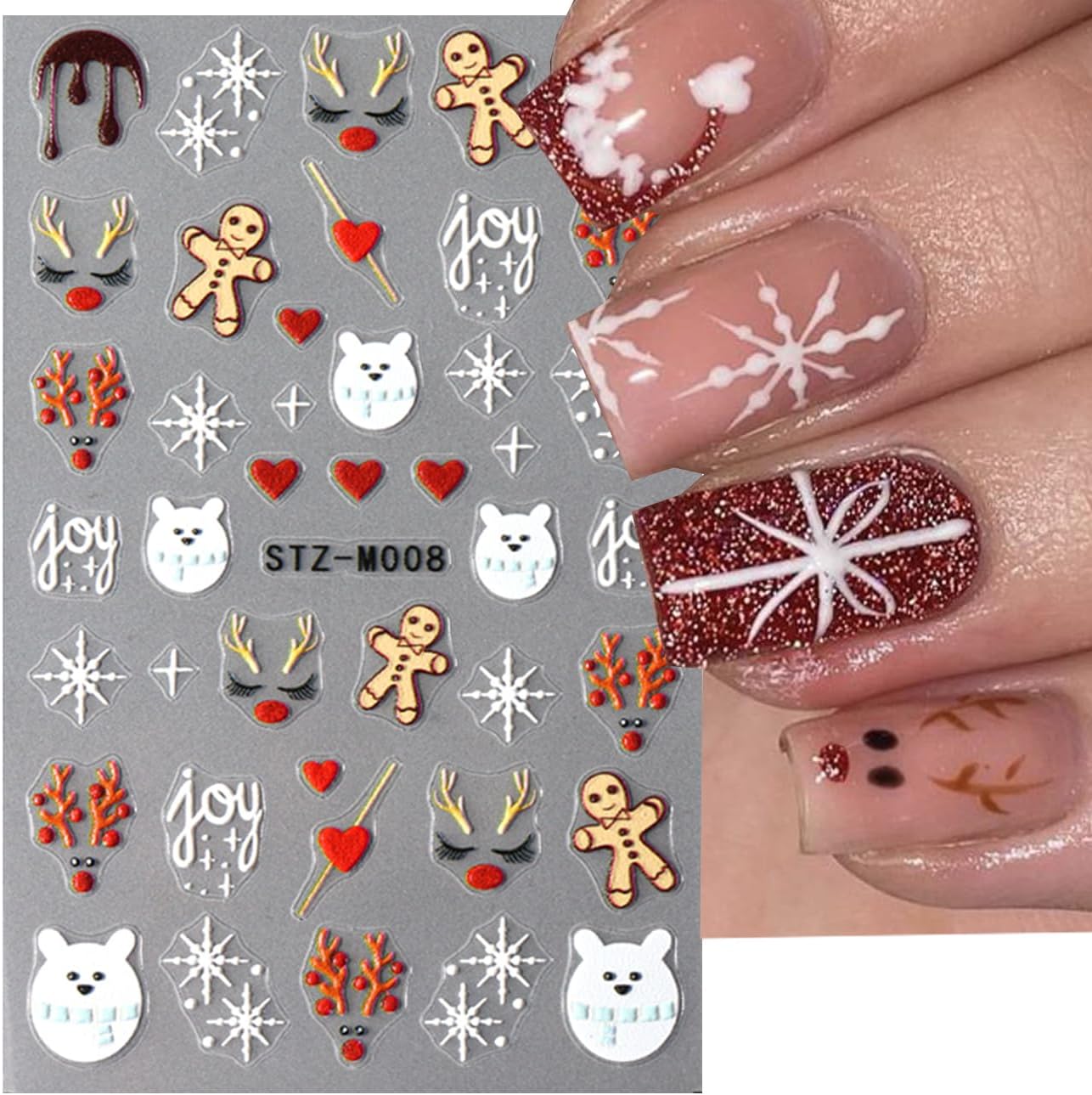 Christmas Nail Stickers,Cartoon Xmas with Cute Gingerbread Man Snowflake Candy Crutch Snowflake Gift Bow Elk French Glitter Design Self-Adhesive Decals for Nails Winter Manicure Decoration 6Sheets