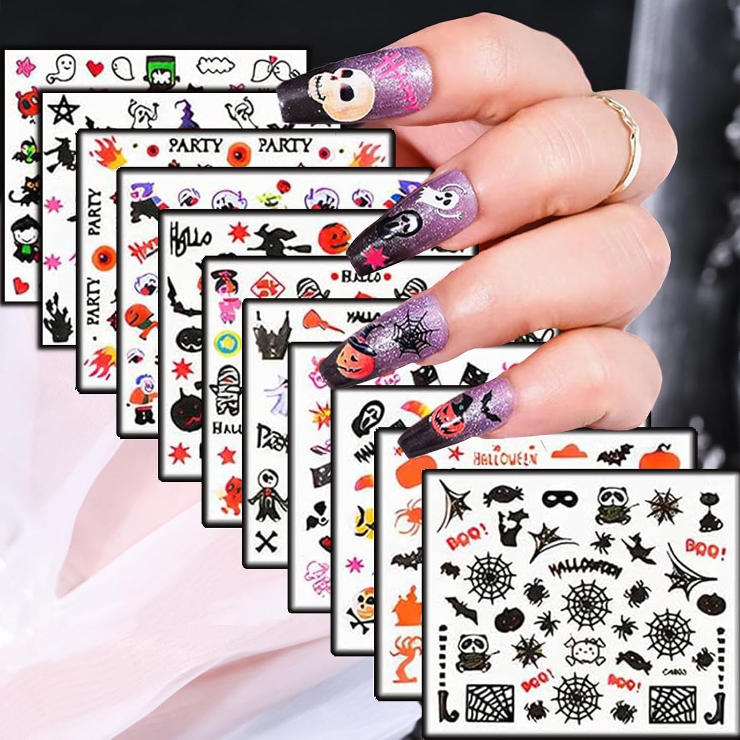 24 Sheets Halloween Nail Art Stickers Pumpkin Nail Stickers Self-Adhesive Nail Art Charms Nail Decals Ghost Sticker Nail Supplies Halloween DIY Nail Art Decoration Accessories for Women Kid Girls