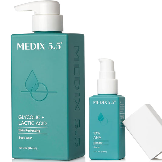 Medix 5.5 20% Glycolic Acid Booster + Exfoliating Body Wash Cleanser Skin Care 2 Piece Set | AHA Exfoliant Cleanser+ Body Serum Both Refine+ Soften Dead Dry Skin, Bumps, Wrinkles & Fine Lines, Bundle