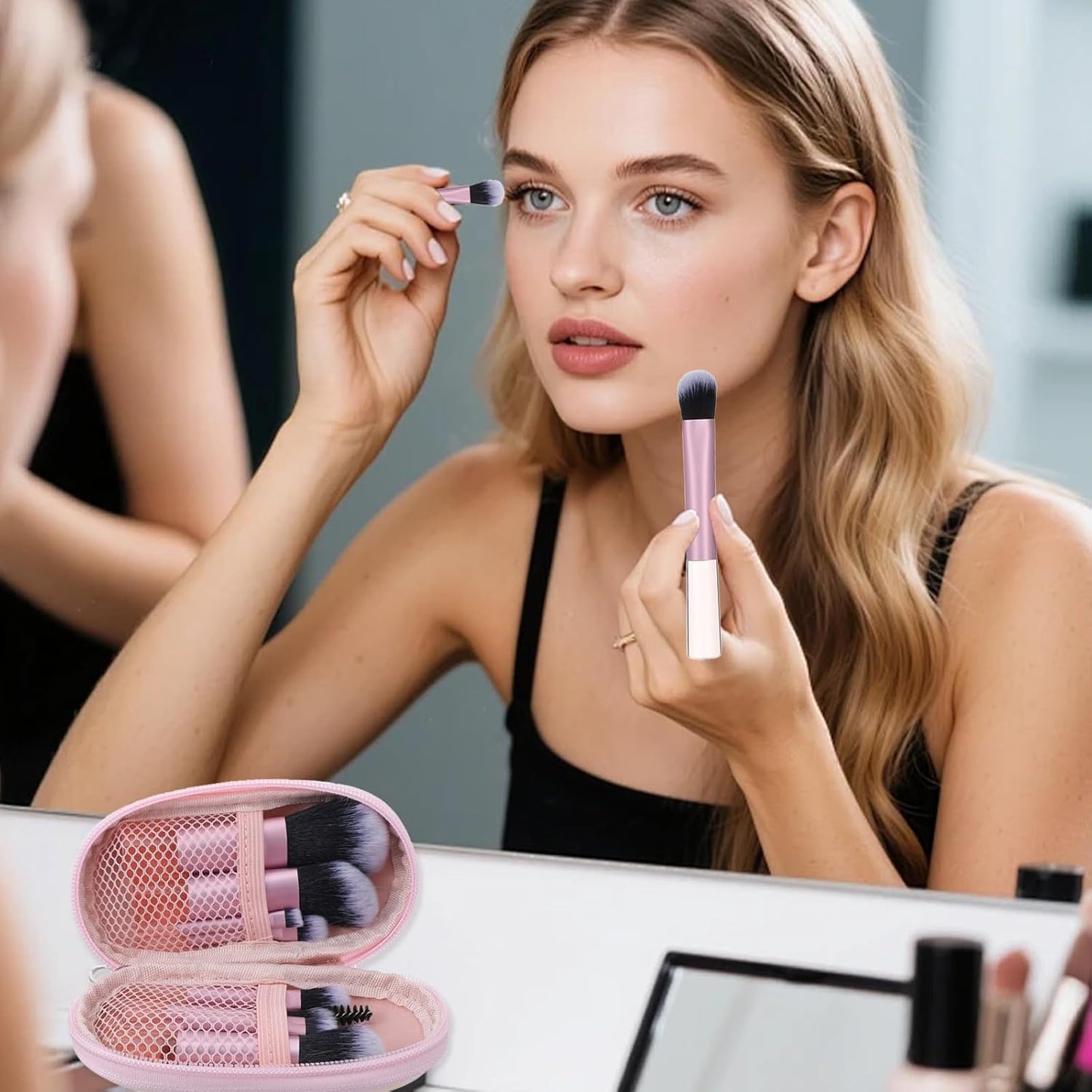 10Pcs Mini Travel Makeup Brush Set With Pink Pouch, Travel Mini Makeup Brushes Portable Brush, Professional Cosmetic Brushes, Travell Essentials Kits for Blush Powder Eye Shadow