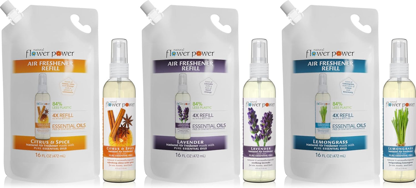 Air Freshener Spray Refills - Odor Eliminator w/Essential Oils - Variety Pack - Citrus & Spice, Lavender, Lemongrass - 3 (4 fl oz.) Air Freshener Sprays + 3 (16 fl oz.) Refills