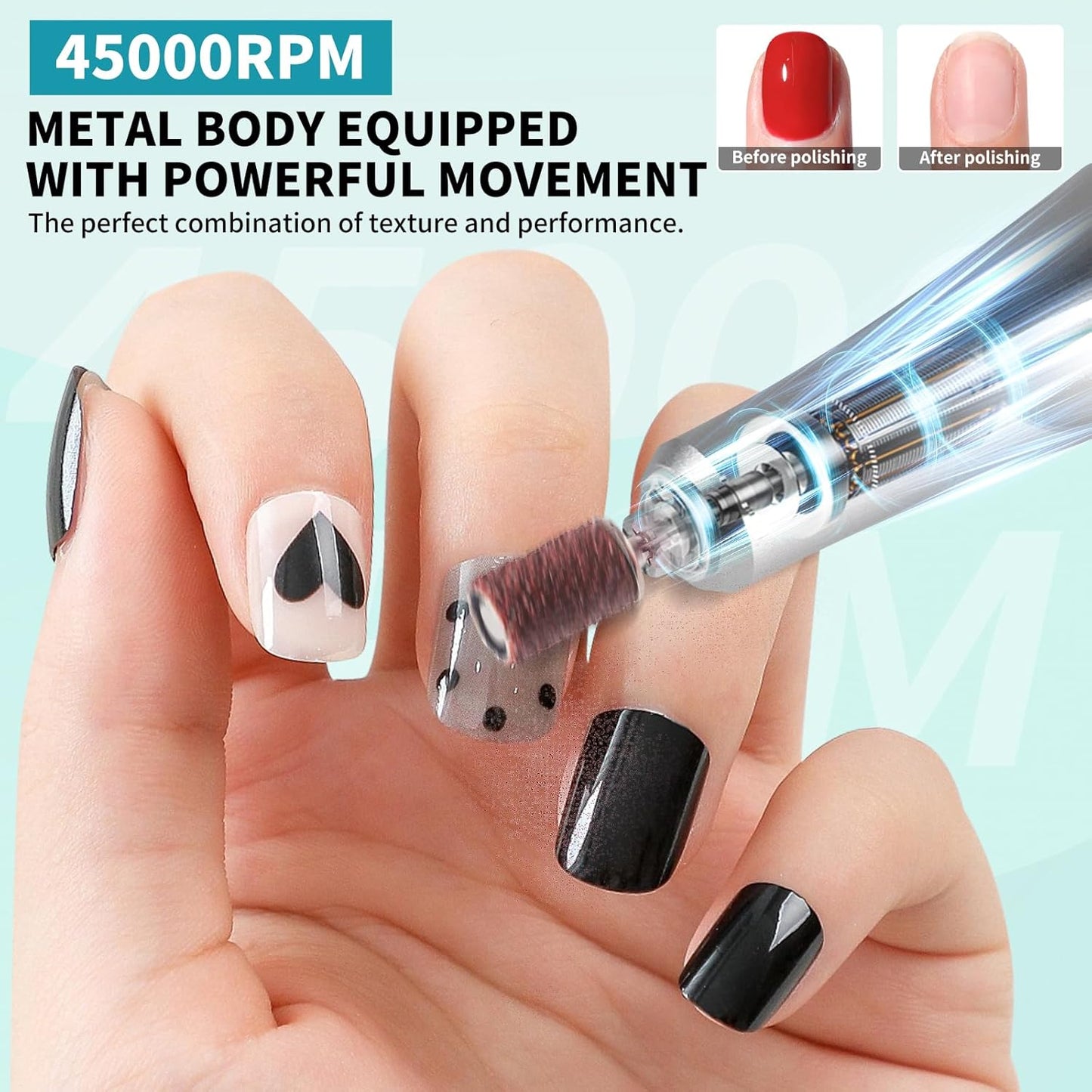 Electric Nail Drill Professional Kit - 45000RPM Electric Nail File Efile Portable Nail Drill Cordless with Bits & Base,E File Machine Nail Grinder for Women (Green)