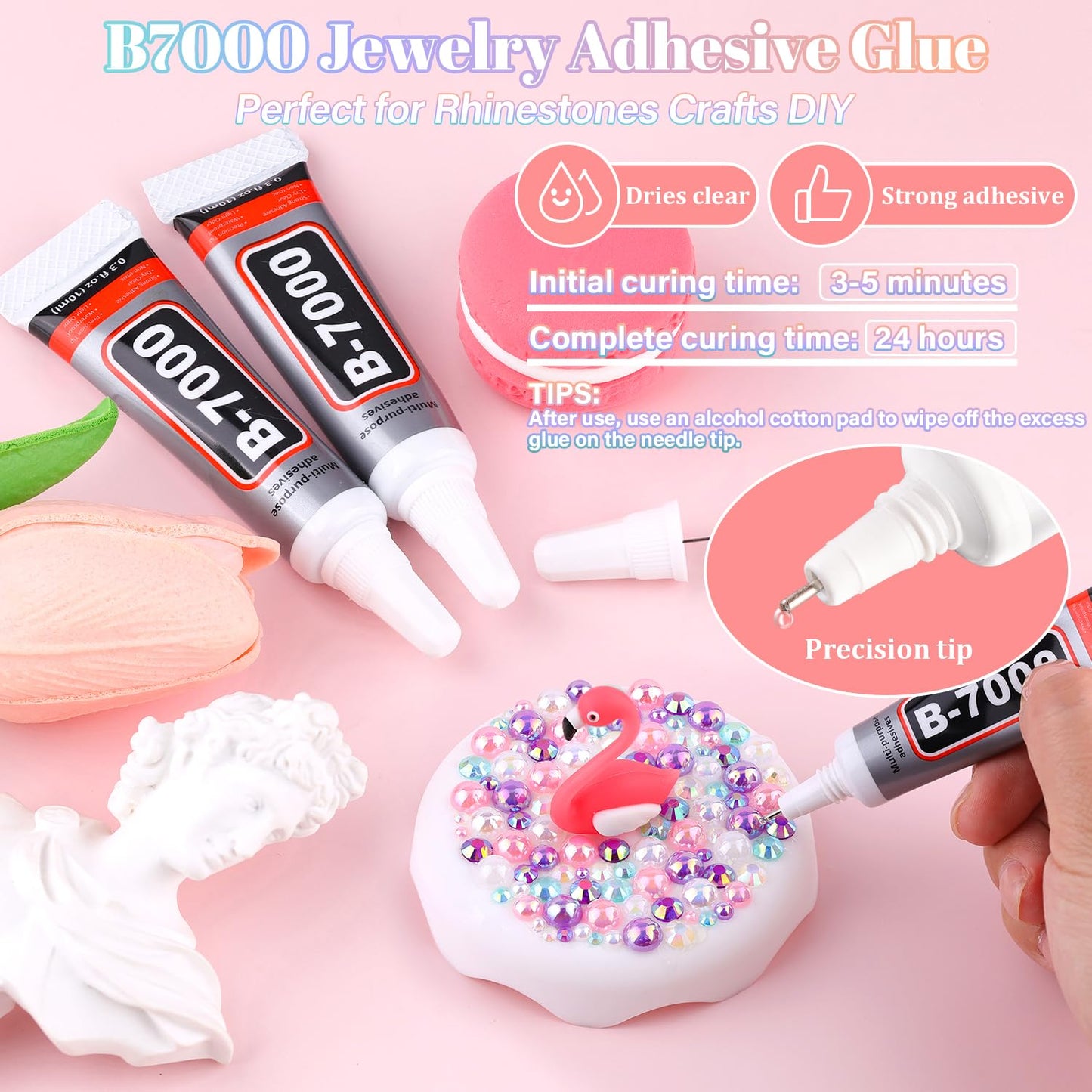 9000Pcs Flatback Pearls and Rhinestones for Crafting, Pink Purple White Mixed Size 3-8mm Resin Rhinestones and Half Pearls for Bedazzling, Nail Art and Decoration with 3pcs B7000 Jewelry Glue