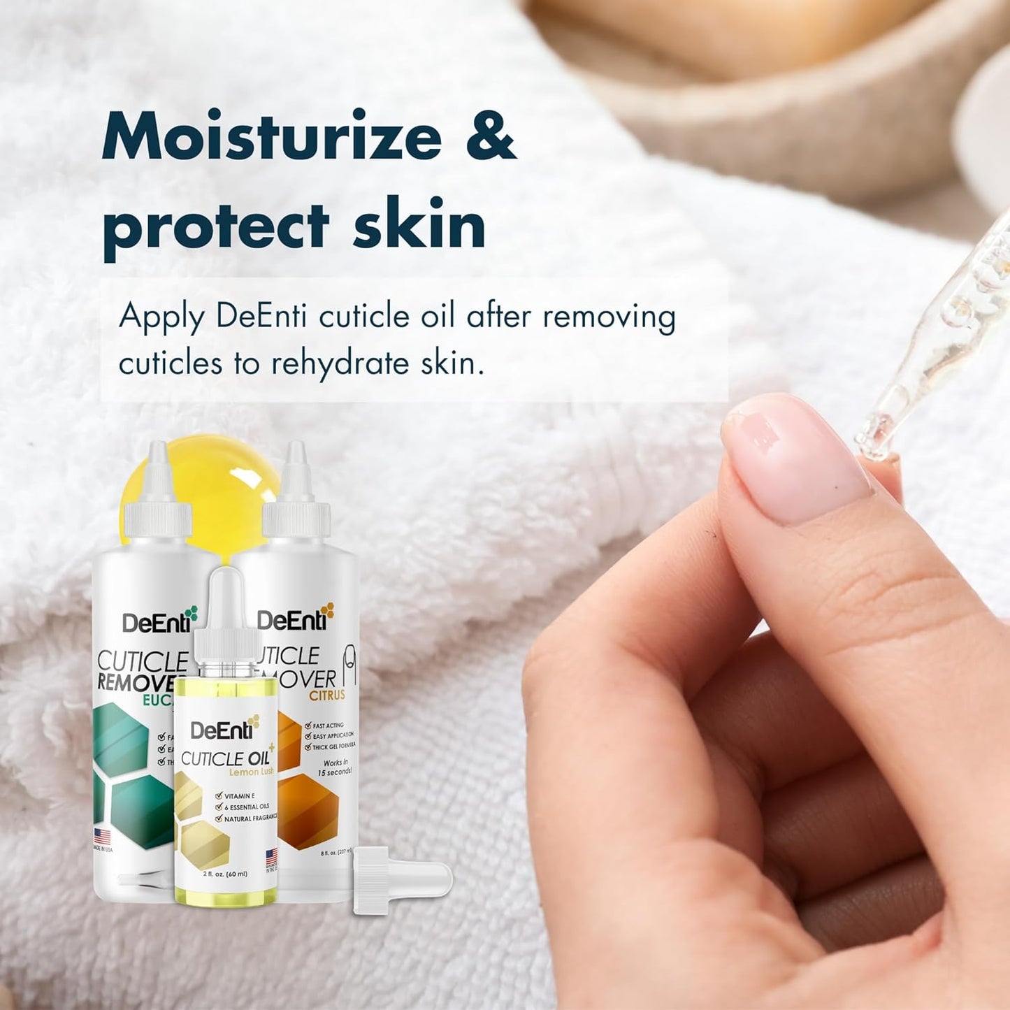 DeEnti Cuticles Maintenance Pack, Bundle Includes Citrus Scented Cuticle Remover, Cuticle Oil for Nails, and Metal Pusher Tool, Salon Grade Nail Care, Home Manicure and Pedicure Kit