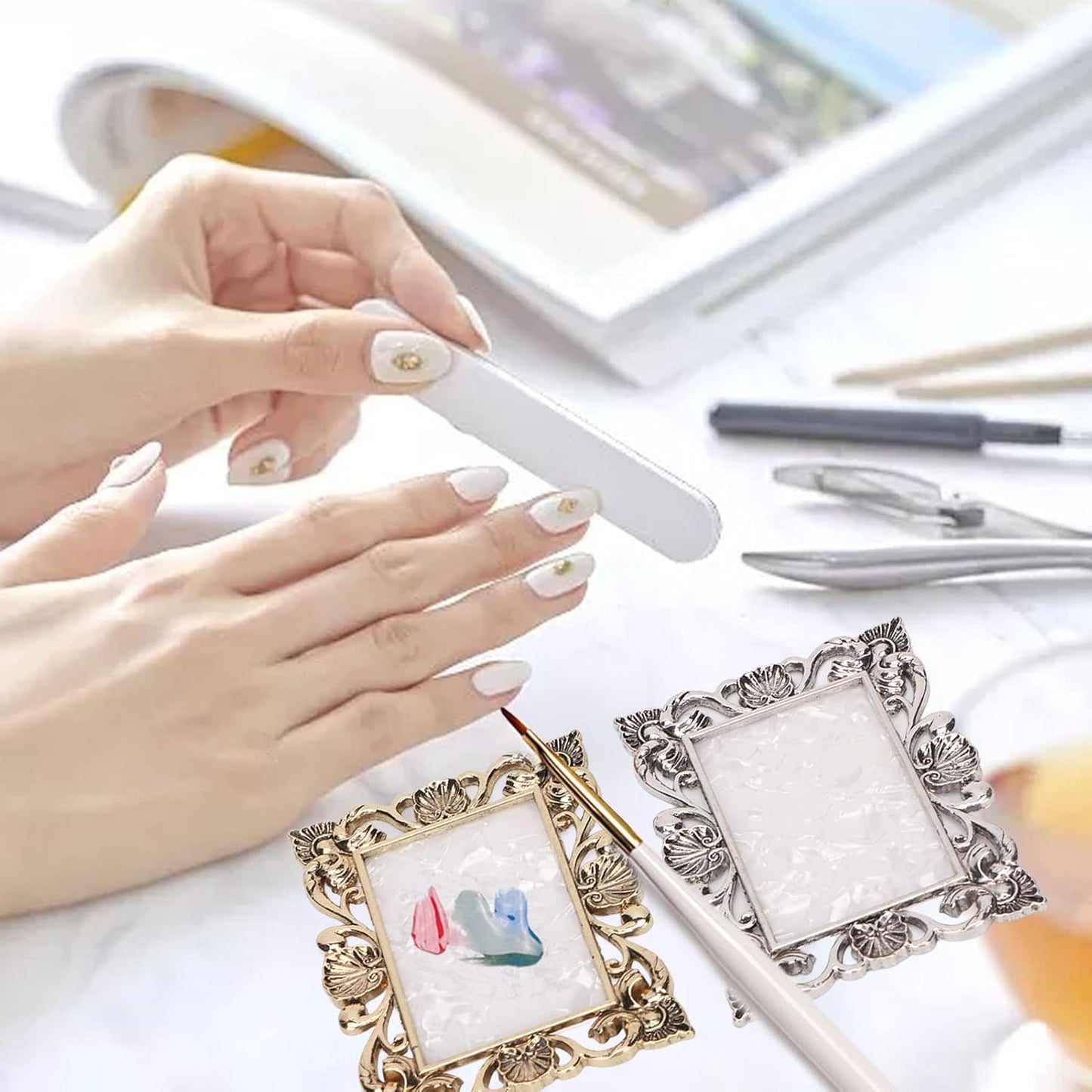 2pcs Resin Nail Art Palette, Nail Art Painting Palette Gold Silver Copper Mixed Color Vintage Photography Props Nail Gel Color Makeup Display Board Nail Art Cosmetic Mixing Tools