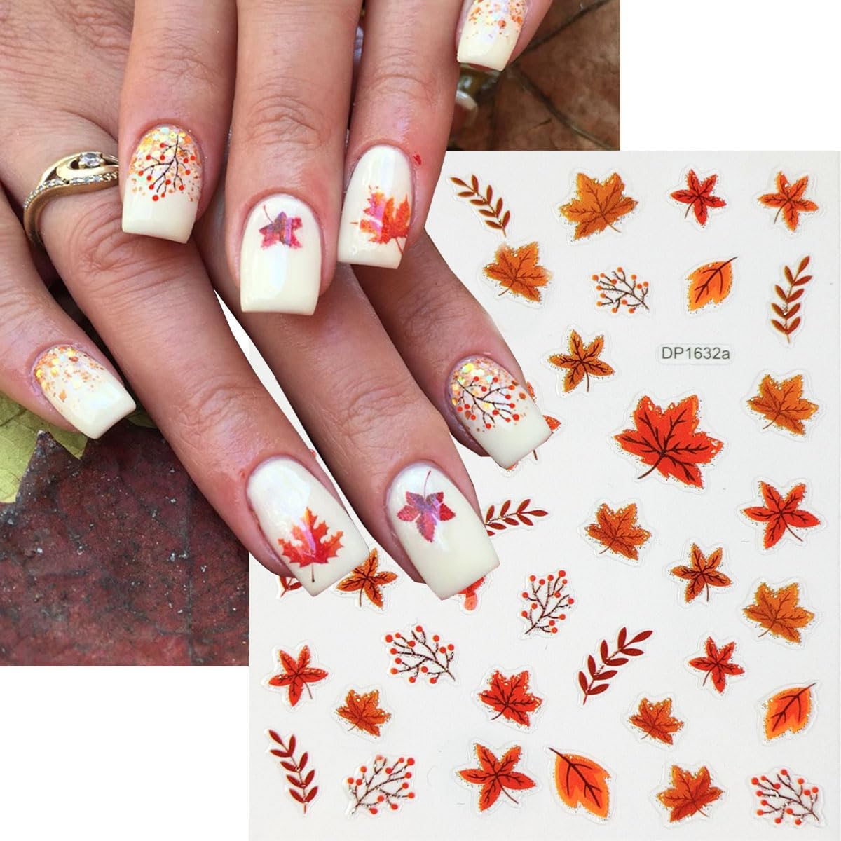 8 Sheets Maple Leaf Nail Stickers Pumpkin Nail Decals Orange Nail Art Stickers Fruit Leaves Mushroom with Glitter Design Autumn Nail Sticker for Nail Art for Women DIY Thanksgiving Manicure Supplies