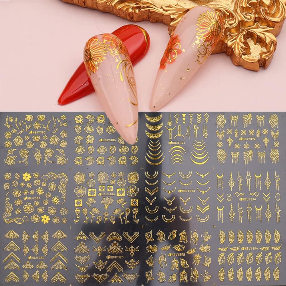 Flowers Nail Art Stickers Decal 3D Self-Adhesive Gold Flower Leaf Lace Nail Supplies Flower Nail Stickers Geometry Line Nail Designs for Women Girls Nail Art Decorations(Gold)