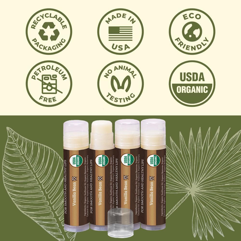 Earth's Daughter USDA Organic Lip Balm 4-Pack Vanilla Flavor - Beeswax, Coconut Oil, Vitamin E - Best Lip Repair Chapstick for Dry Cracked Lips.