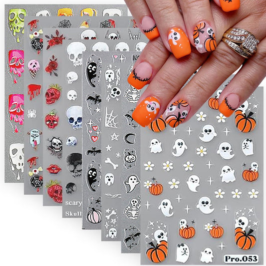 8 Sheets Halloween Nail Art Stickers Cute Ghost Nail Decals 3D Self-Adhesive Goth Skull Pumpkin Nail Stickers Halloween Acrylic Nail Art Decoration for Women Holiday French Nail Art Supplies
