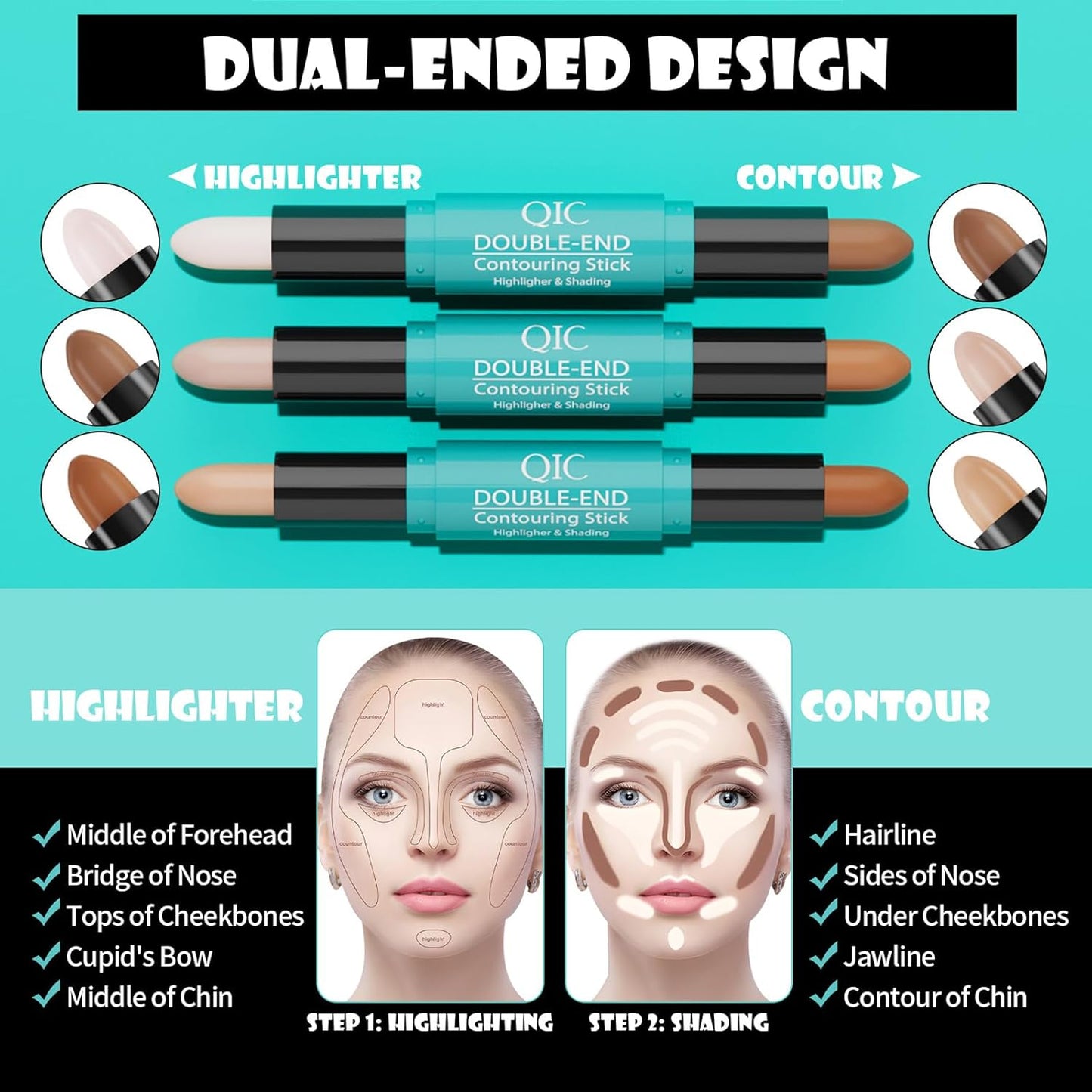 MEICOLY 2-in-1 Highlighter Contour Stick,Cool Toned Contour Stick,Makeup Highlighter Stick,Long Lasting Waterproof Bronzer Contour Pencil,Travel Cream Face Shaping Stick,03