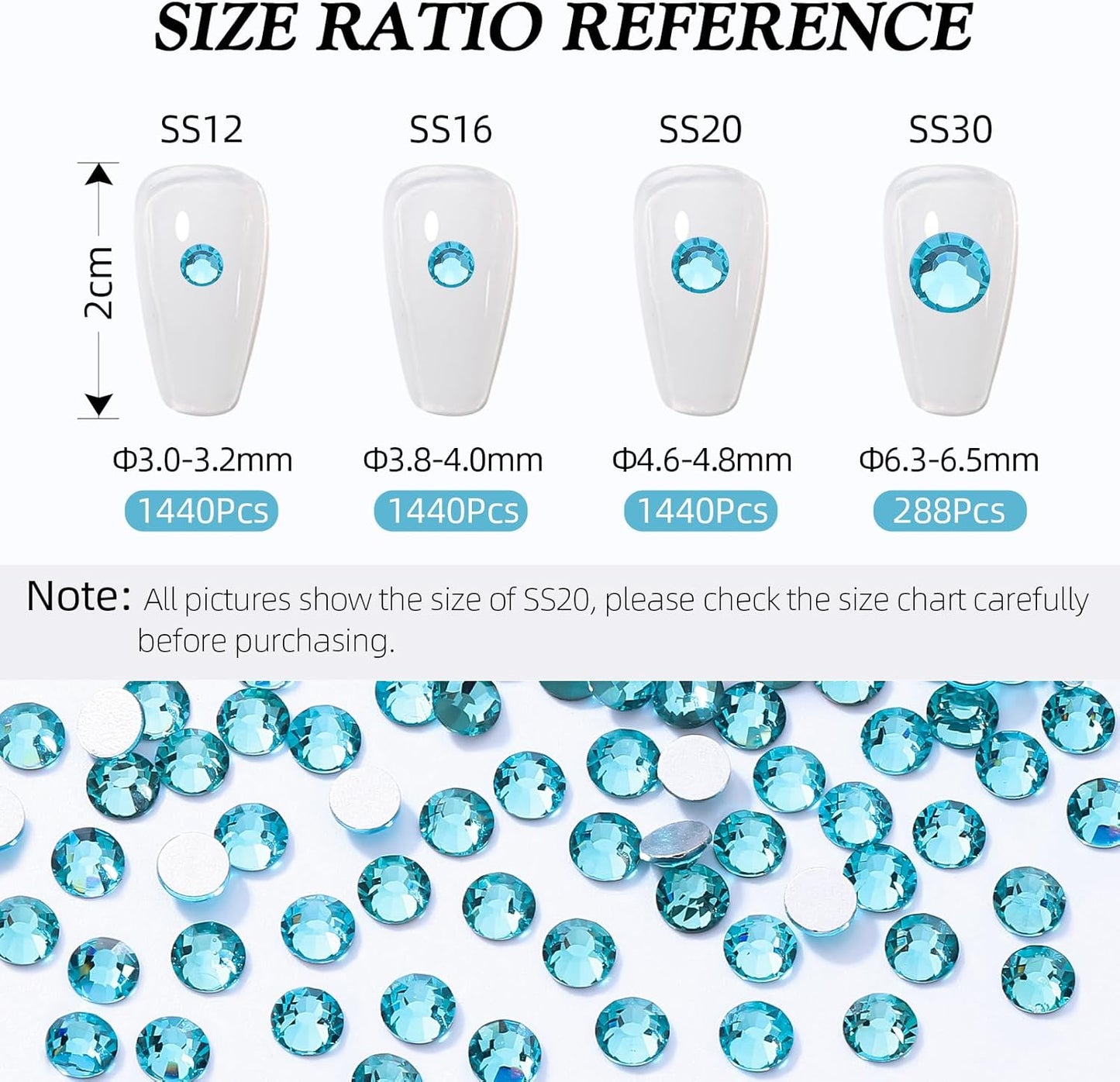 Aquamarine Flatback Rhinestones, Glass Rhinestones for Nail Art and Craft, Glue Fix, Loose Crystal Gemstones(Aquamarine, SS30, 288pcs, 6.4-6.6mm)