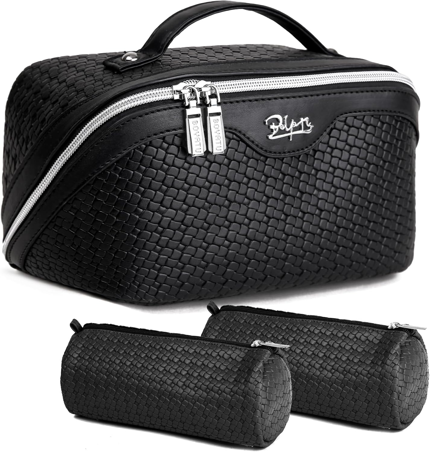 BOYATU Travel Makeup Bags for Women: 3-Set Large Capacity Make up Bags with Compartments - PU Leather Cosmetic Bag for Traveling (L15 Black)