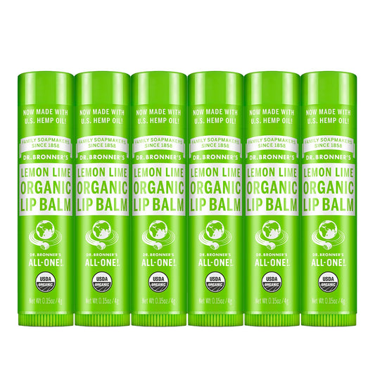 Dr. Bronner’s Organic Lip Balm 6-Pack (.15oz) Natural, Moisturizinging, Petroleum-Free Lip Balm with Beeswax & Avocado Oil for Dry Lips, Men & Women - Lemon Lime