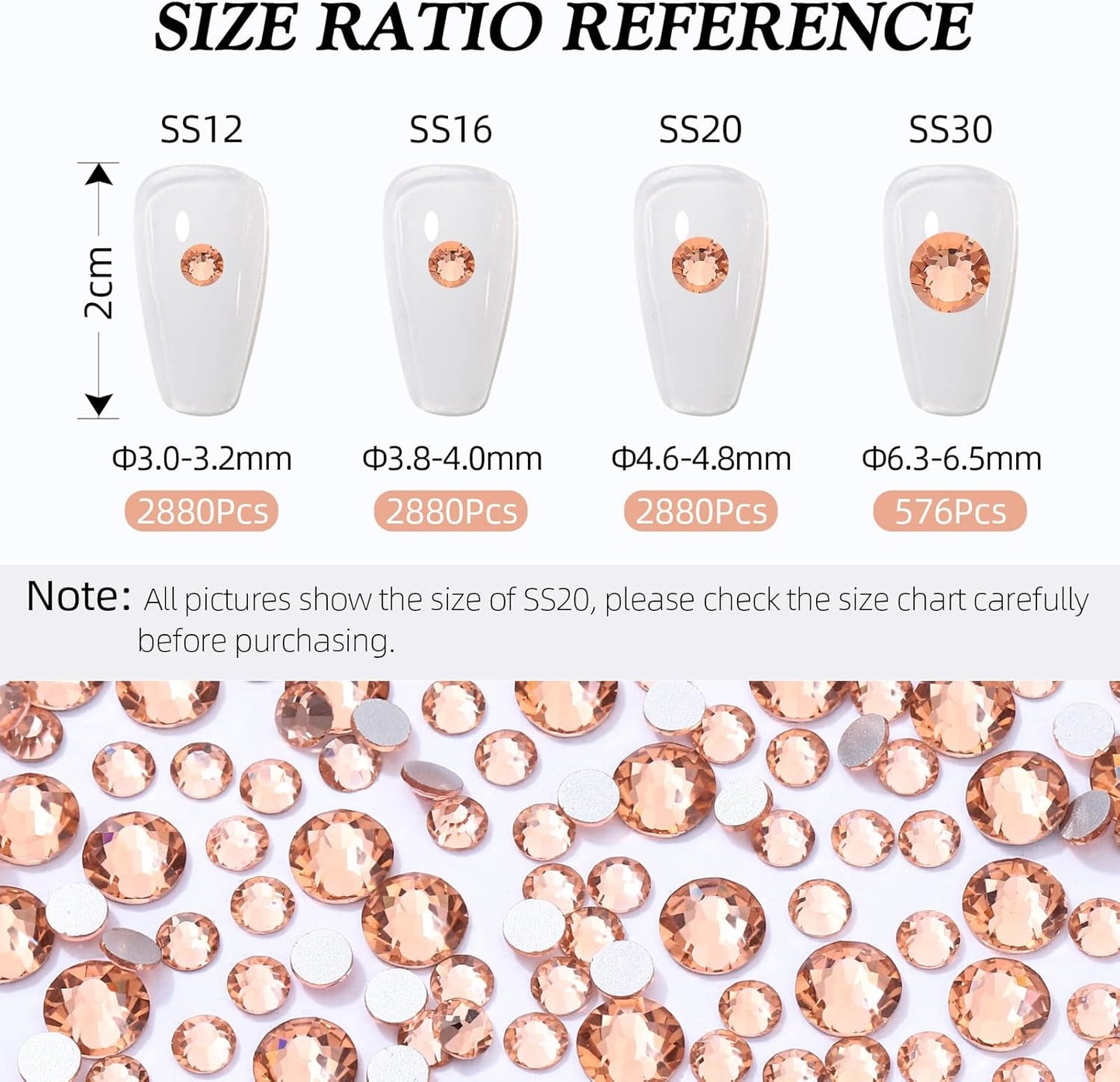 Champagne Flatback Rhinestones, Glass Rhinestones for Nail Art and Craft, Glue Fix, Loose Crystal Gemstones(Champagne, SS20, 2880pcs, 4.6-4.8mm)