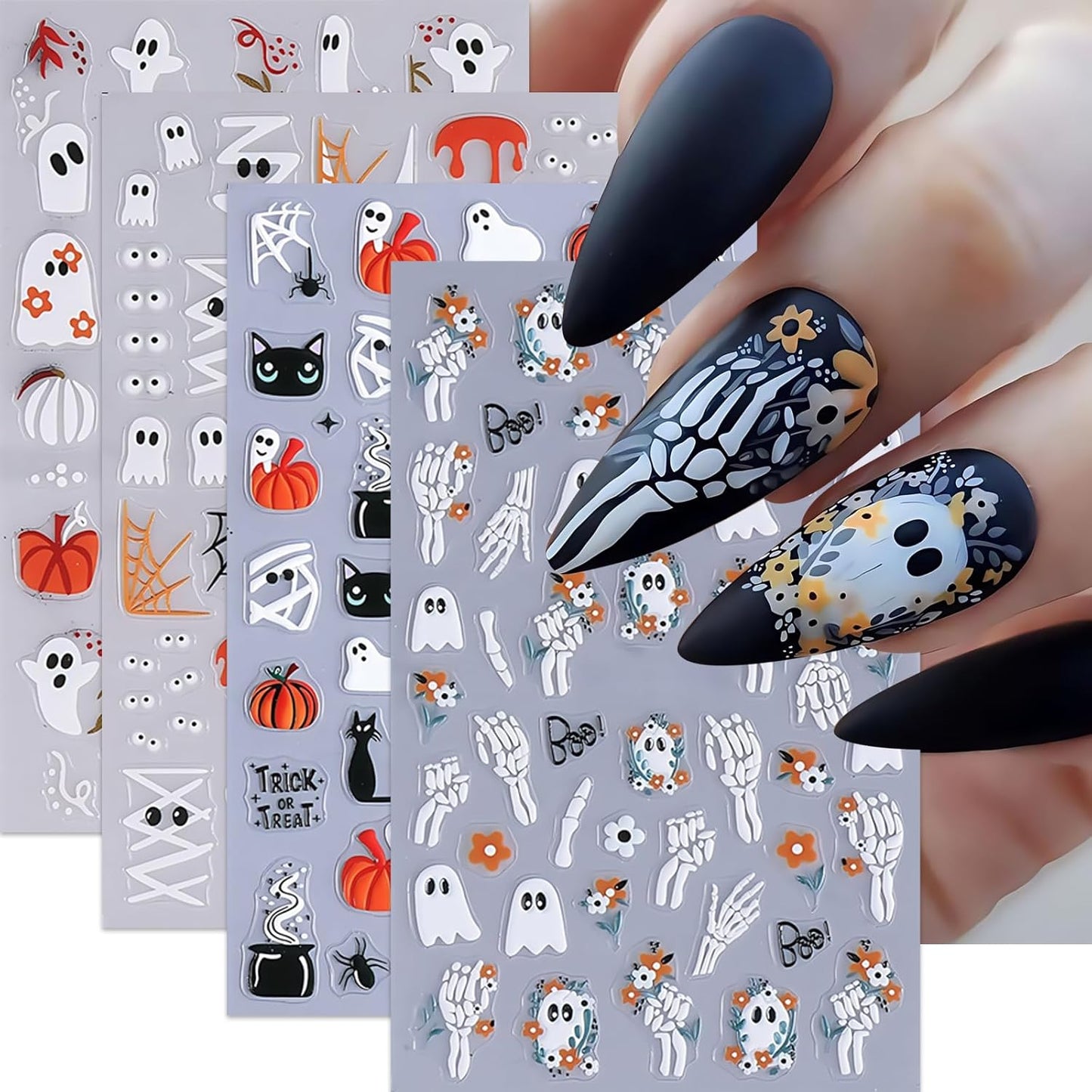 4Pcs Halloween 5D Embossed Nail Stickers Cute Ghost Nail Decals Self-Adhesive Pumpkin Spider Web Flower Ghost Nail Design Cats Skeleton Hand Nails Decorations Halloween DIY Manicure Supplies for Women