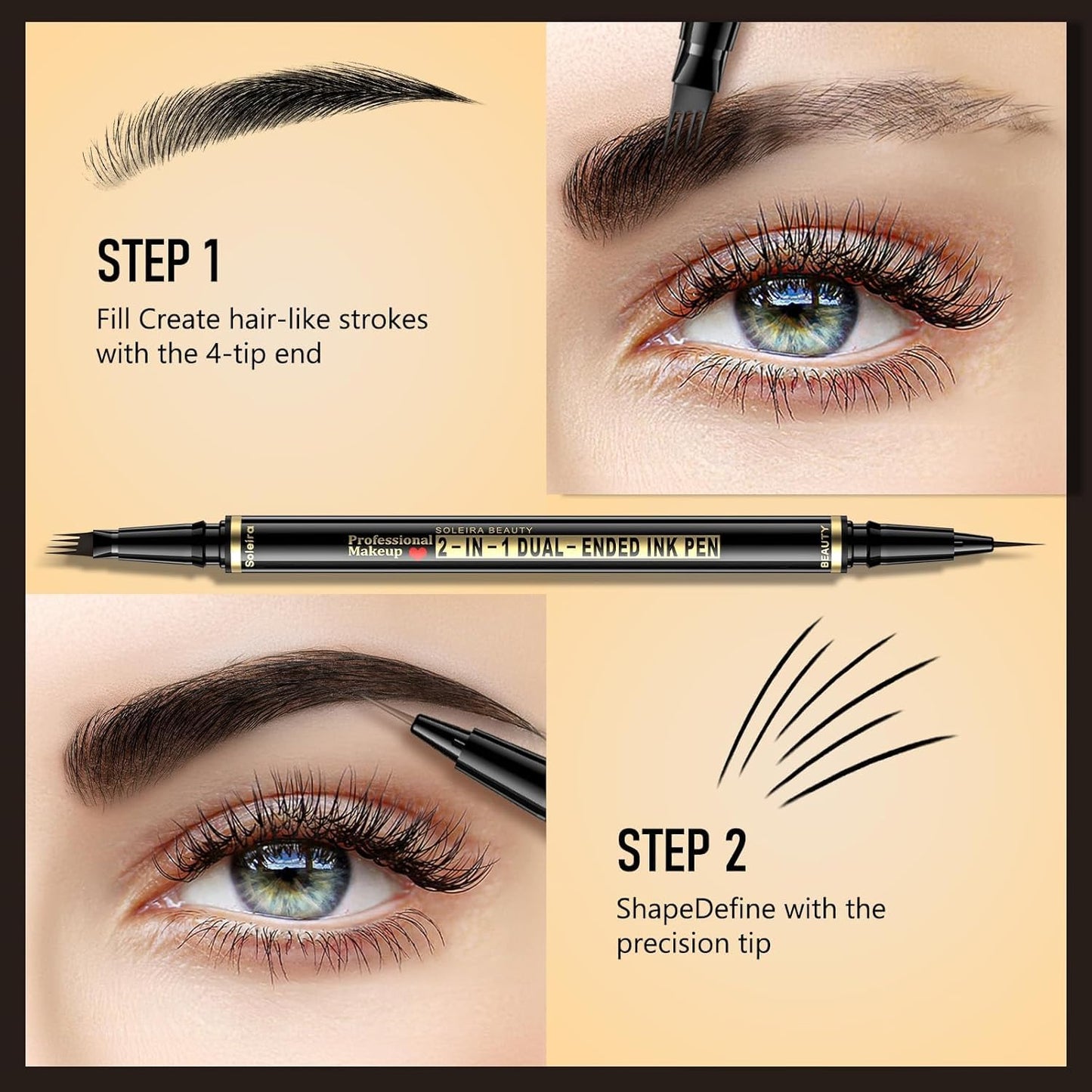 Eyebrow Pen, Soleira Waterproof Eyebrow Pencil with 4 Tip Microblading Eyebrow Pen and Dual-ended Eyebrow Brush, for Natural-Looking Brows, Long-Lasting, Soft Brown