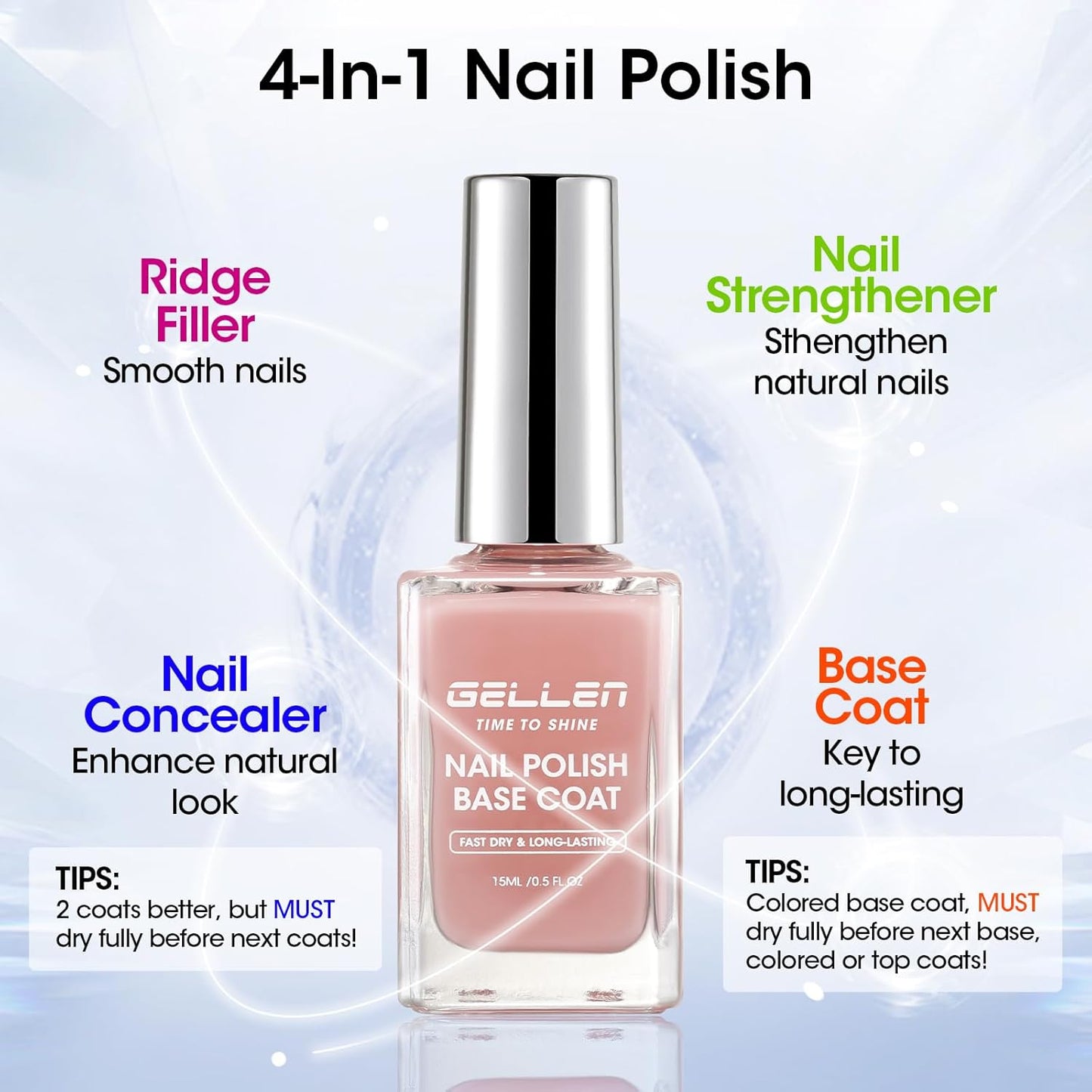 GELLEN 4‑in‑1 Clear Nail Polish Base Coat Sheer Tinted Natural Pink, Ridge Filler, Nail Strengthener & Concealer, Calcium Formula Strengthens Nails, Enhances Natural Look, No HEMA, Anti-yellowing